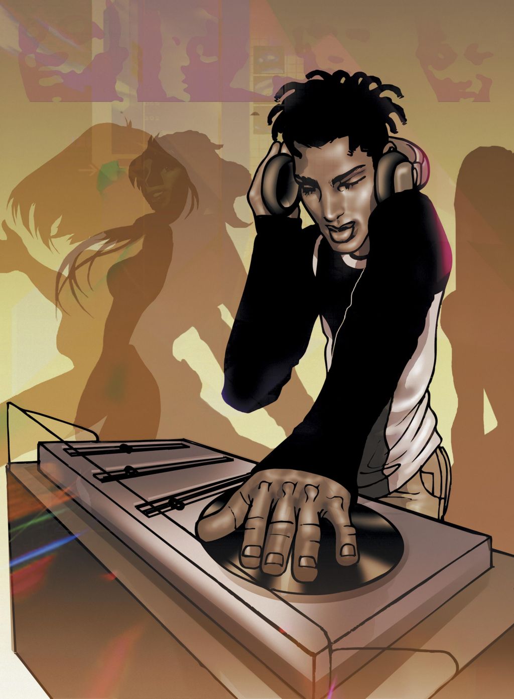 Portrait of a Young Dj Putting on a Record on a Turntable in a Nightclub