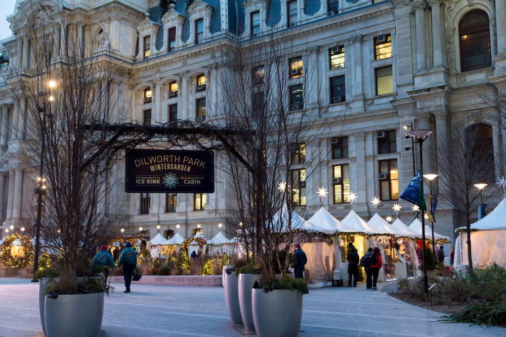 Christmas Village and Winter garden at Dilworth Park outside of City Hall, Philadelphia, PA, USA