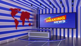 white table and led screen background in the news studio room.3d rendering.