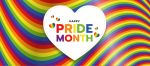 Happy Pride month and heart pride signs in heart banner on waving rainbow pride flag texture background vector design