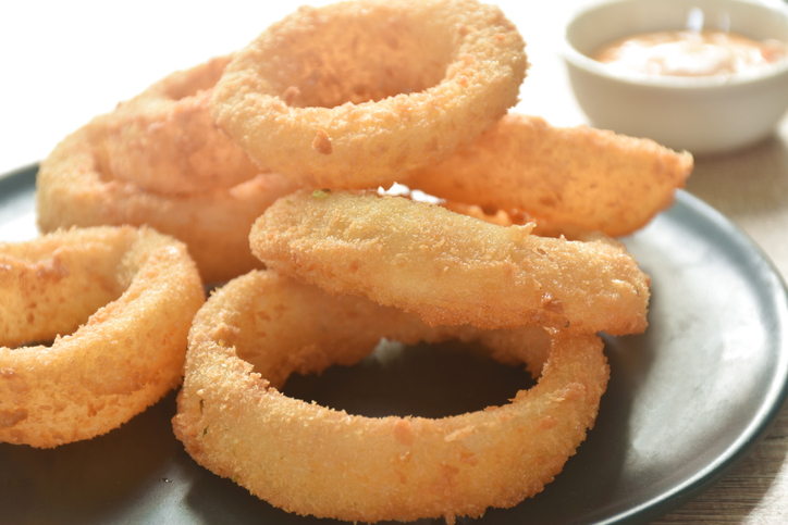 fried onion ring with flour dipping cheese and mayonnaise sauce