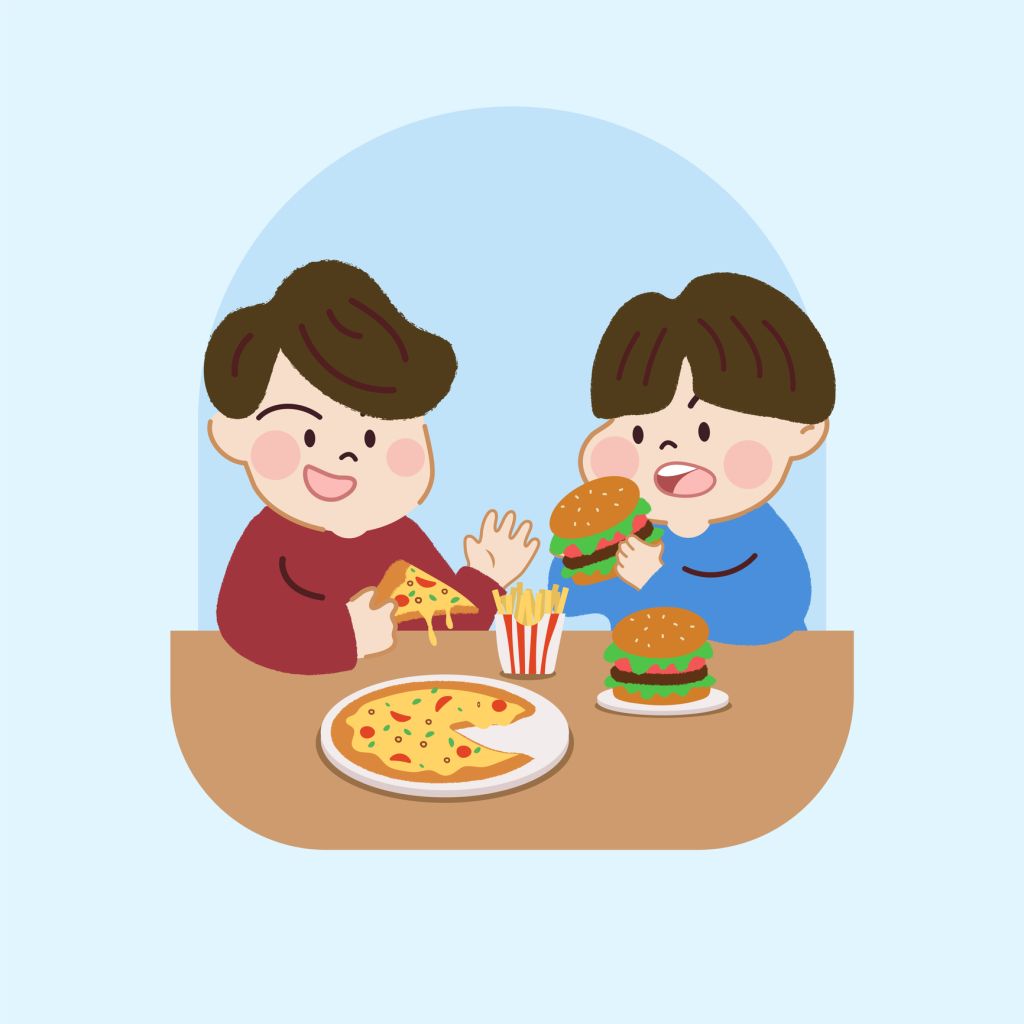 Kids Eating Fast Food, Hamburger, Pizza, Fries. Unhealthy Food nutrition.