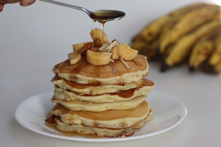 Plantain buttermilk pancakes. Soft and fluffy buttermilk pancake made with a batter added with slices of ripe plantain