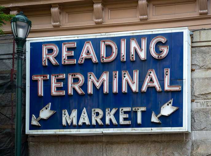 Philadelphia, PA US Oct 15, 2023 Exterior Neon sign for the historic Reading Terminal Market, an enclosed public market located in Center City section of Philadelphia.