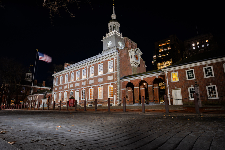 Exterior of the historic Independence Hall at night in Philadelphia, Pennsylvania