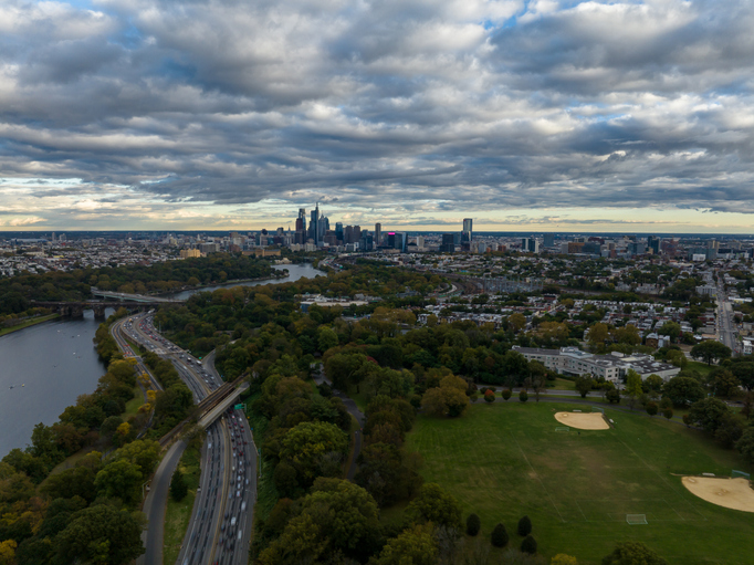 Aerial Shot of Center City from East Parkside, Philadelphia on Cloudy Evening