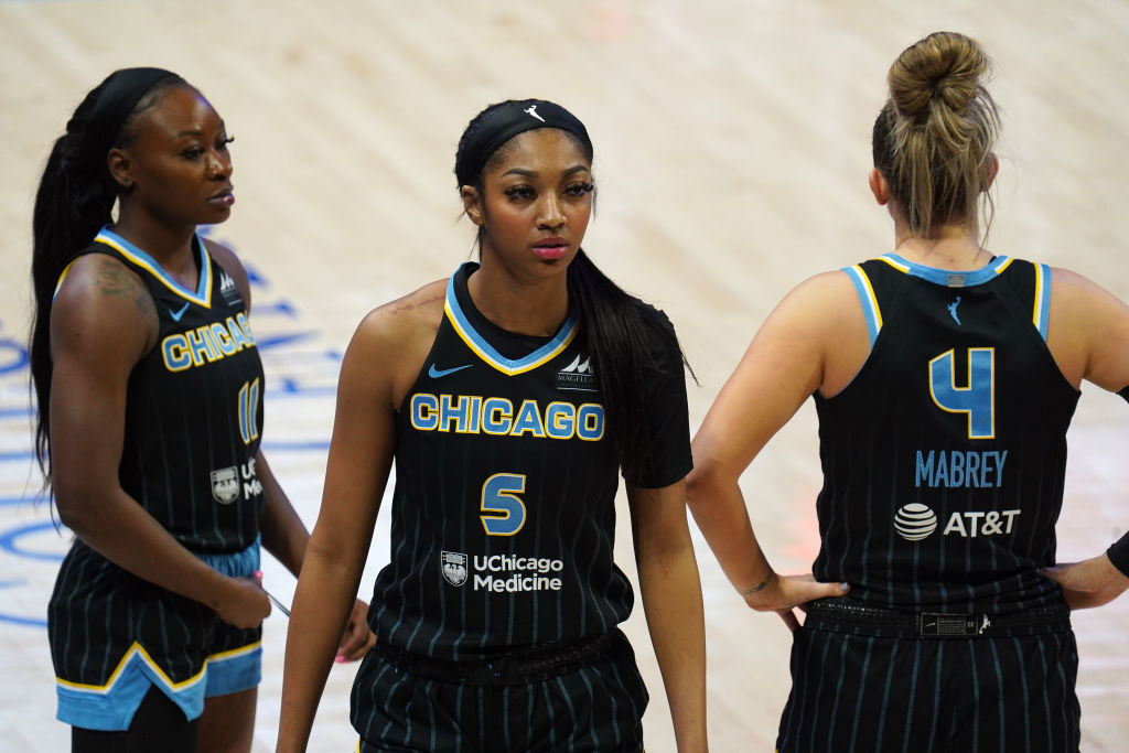 Chicago Sky forward Angel Reese #5 moments before the start...