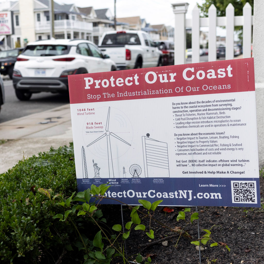 OCEAN CITY, NEW JERSEY - July 14: A sign from Protect Our Coast