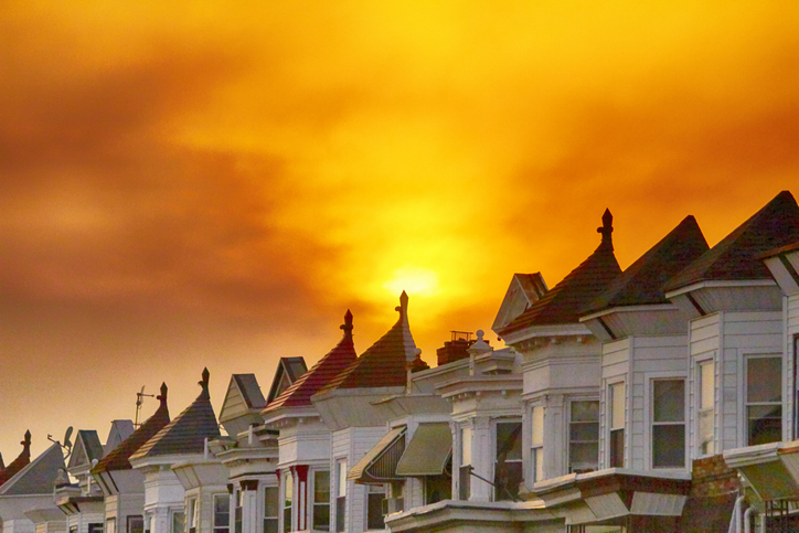Detached houses in Philadelphia at intense sunset