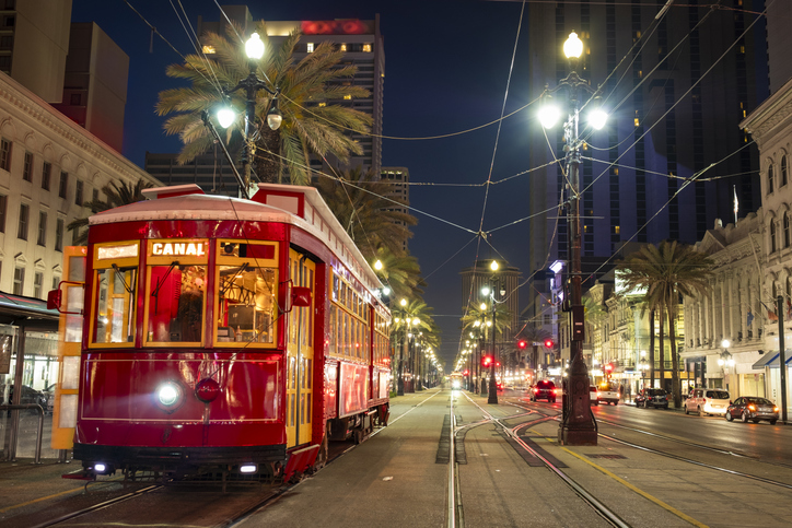 New Orleans trolley at french quarter main street at night