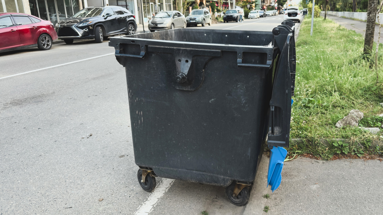 Large black outdoor trash bin on wheels placed near the roadside in an urban street with parked cars and grassy sidewalk