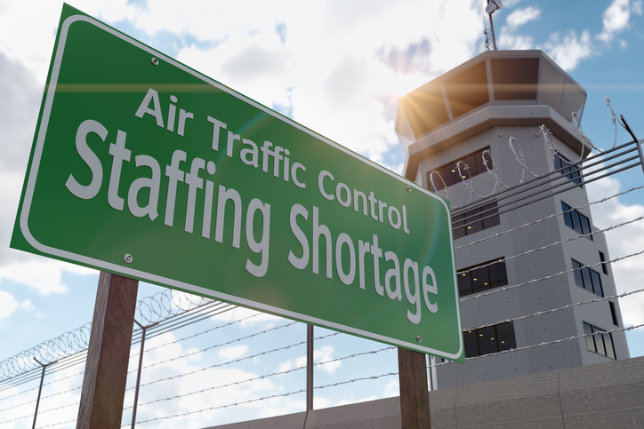 Air Traffic Control Staffing Shortage Green Road Sign In Front of Air Traffic Control Tower.