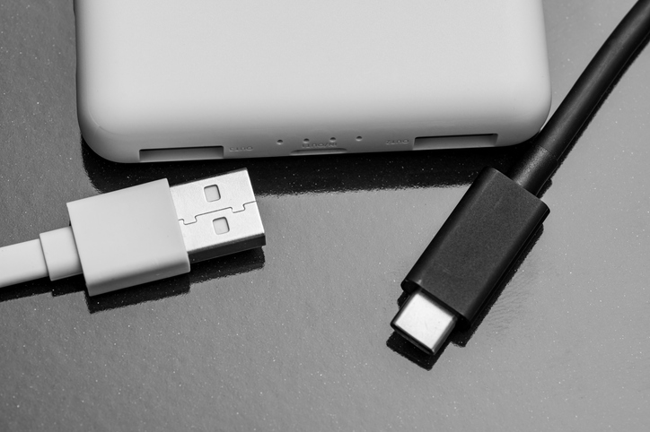 USB cable, close-up of the USB and USB Type-C charging plugs