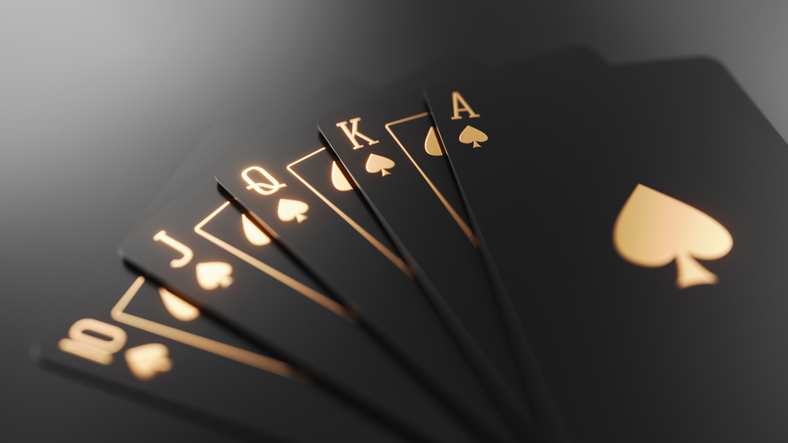Black and Gold Playing Cards with Royal Flush poker combination on dark background. Online casino, Gambling, Poker concept. 3d rendering