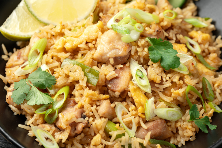 Thai Chicken fried rice with vegetables, lime. Khao Pad Gai