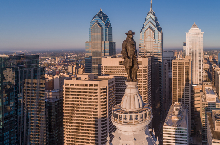 Statue of William Penn. William Penn is a bronze statue by Alexander Milne Calder of William Penn. It is located atop the Philadelphia City Hall, Pennsylvania.
