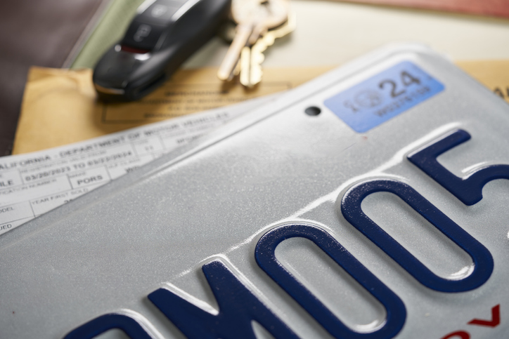 License plate registration for car with documents. DMV. USA