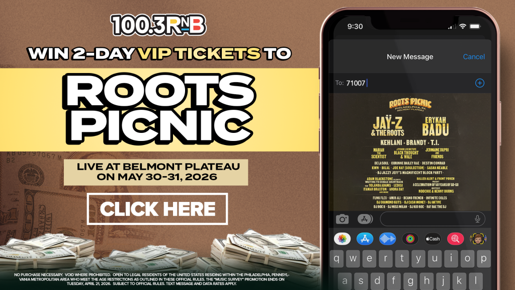 Text APRIL to 71007 and take our Music Survey for a chance to win 2-Day VIP tickets to Roots Picnic! May 30th + 31st at Belmont Plateau