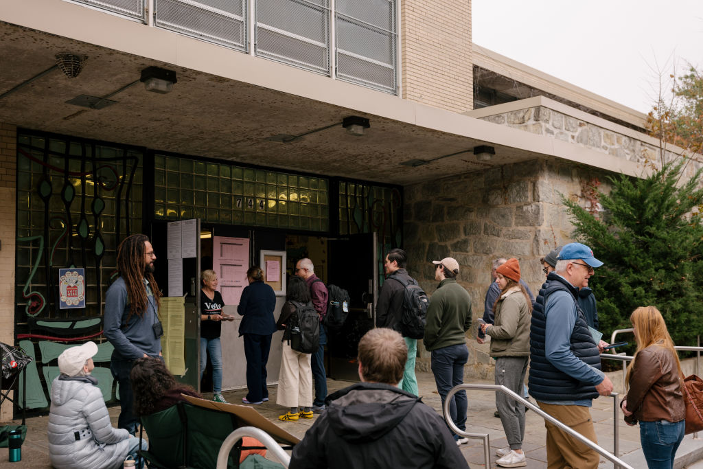 PHILADELPHIA, PA - NOV 05: Voters wait in line outside a pollin