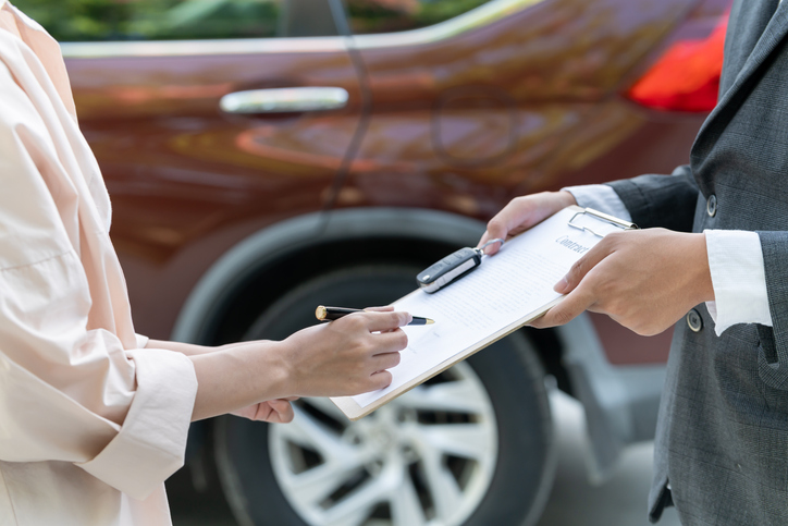 lease, rental car, sell, buy. Dealership send contract and car keys to new owner to sign. Sales, loan credit financial, rent vehicle, insurance, renting, Seller, dealer, installment, car care business