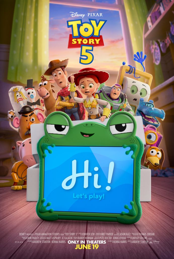 Poster for the Disney Pixar film "Toy Story 5" featuring the main characters, including Woody, Buzz Lightyear, and Jessie, with the text "Hi! Let's play!" in a green frog-shaped frame.