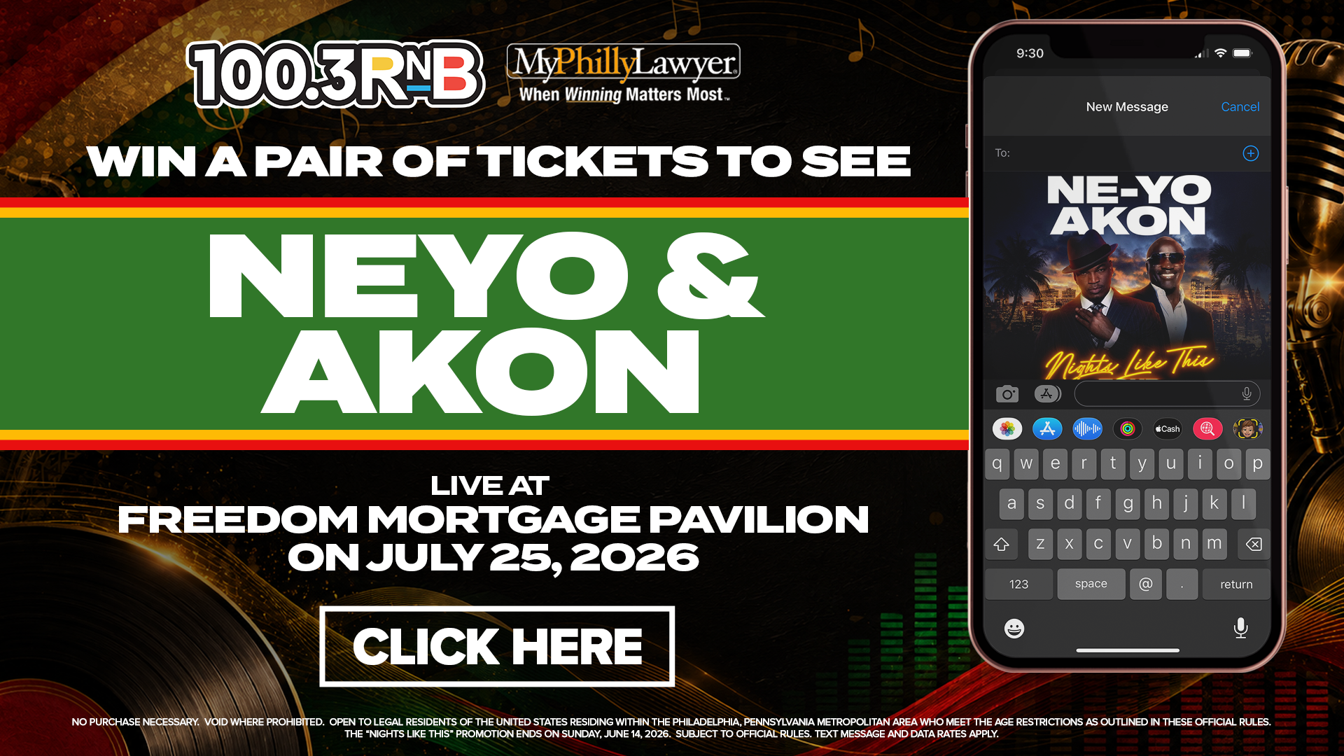 Promotional banner for a live concert event featuring Ne-Yo and Akon at the Freedom Mortgage Pavilion on July 25, 2026, presented by 100.3 R&B radio station.