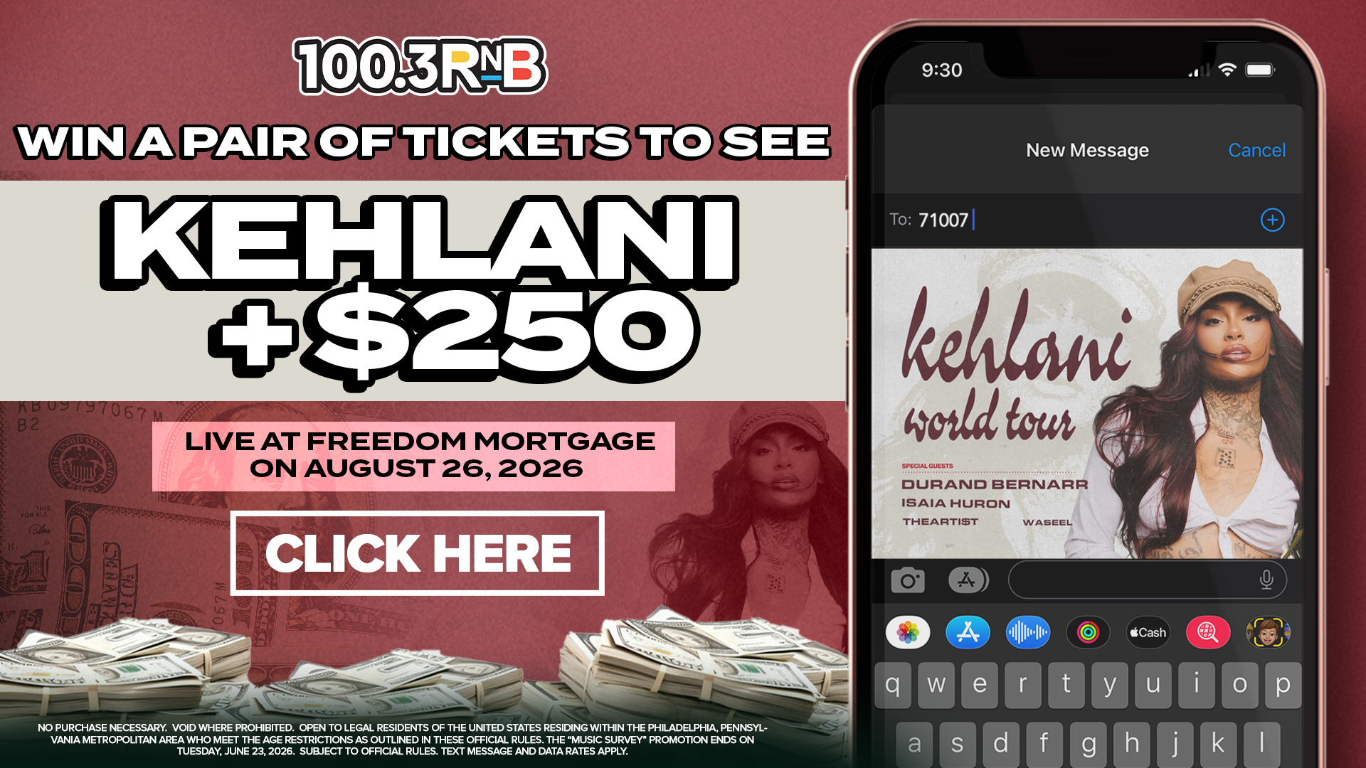 100.3 RNB radio station ad for a Kehlani concert at Freedom Mortgage on August 26, 2026, with a phone number and "Click Here" call to action.