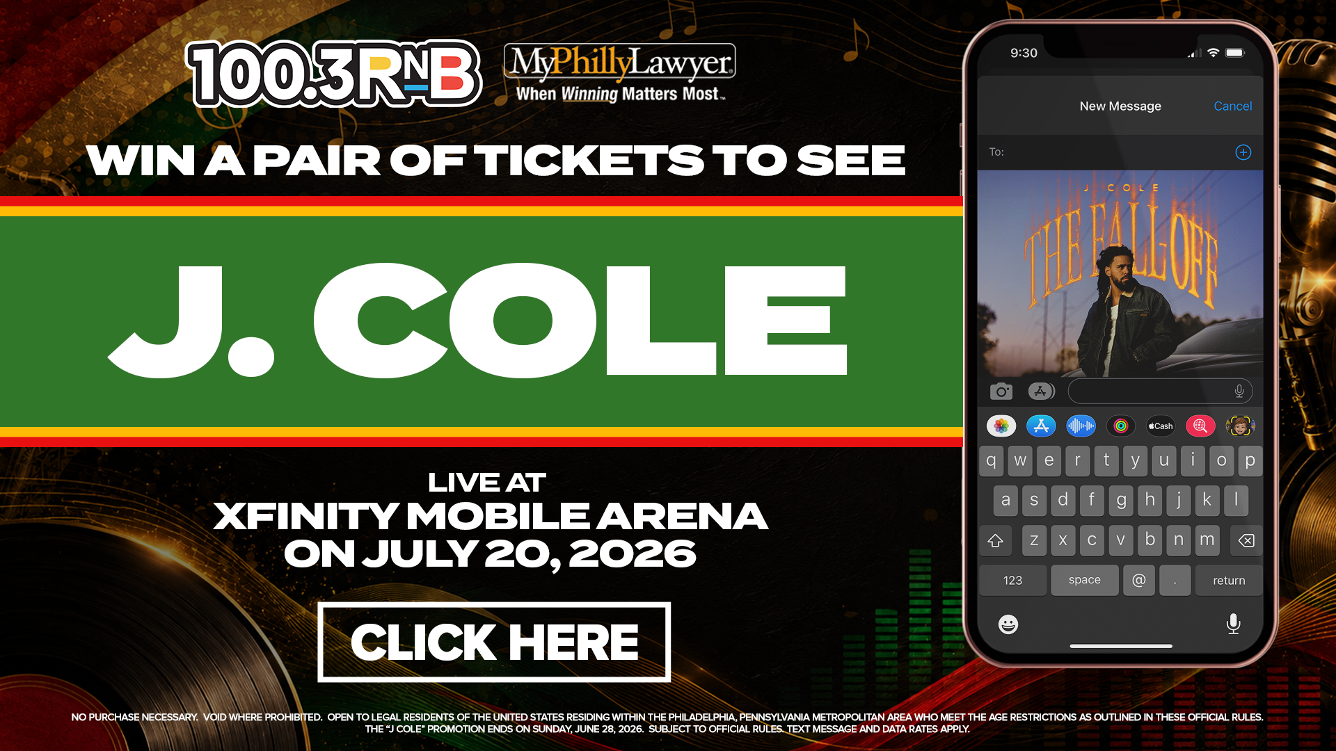 Promotional advertisement for a J. Cole concert at Xfinity Mobile Arena on July 20, 2026, presented by 100.3 RNB and MyPhillyLawyer.