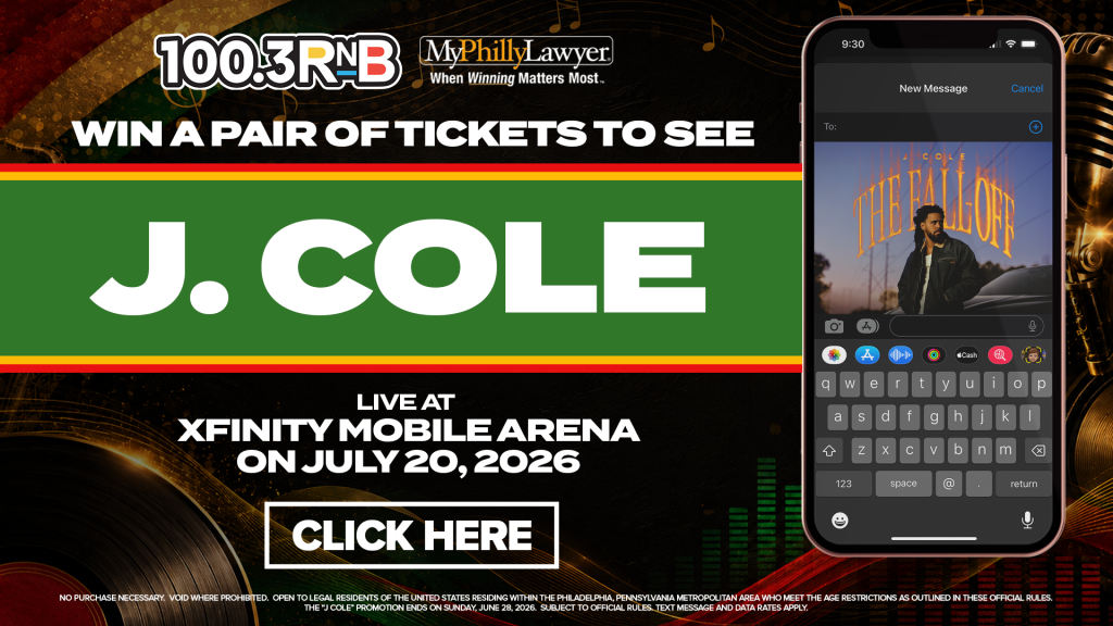 Promotional advertisement for a J. Cole concert at Xfinity Mobile Arena on July 20, 2026, presented by 100.3 RNB and MyPhillyLawyer.
