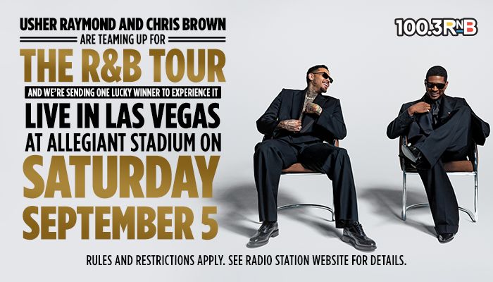 Usher Raymond and Chris Brown seated in chairs, promoting their R&B tour and a chance to win a trip to see them perform live in Las Vegas at Allegiant Stadium on September 5.