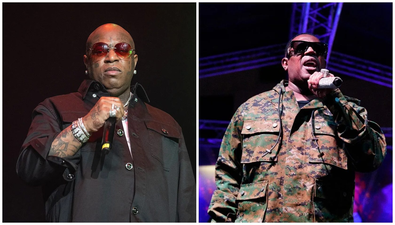 Two musicians performing on stage, one wearing a red jacket and sunglasses, the other in camouflage military-style clothing.