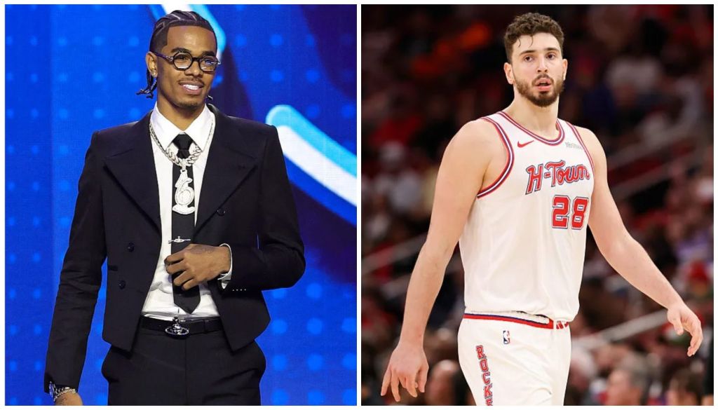 A man in a suit and glasses on a stage, and a basketball player wearing a jersey with the text "H-Town 29".