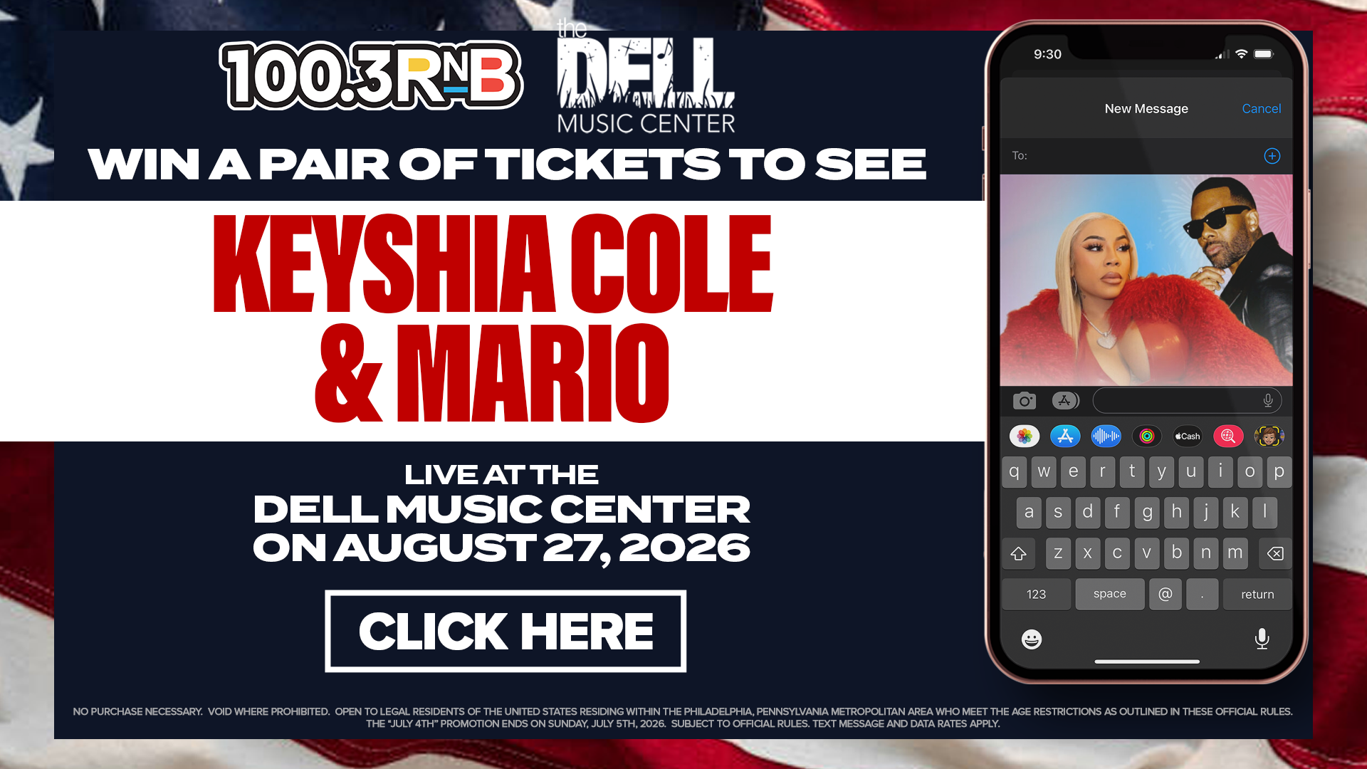 Promotional banner for a live performance by Keyshia Cole and Mario at the Dell Music Center on August 27, 2026, presented by 100.3 RNB radio station.
