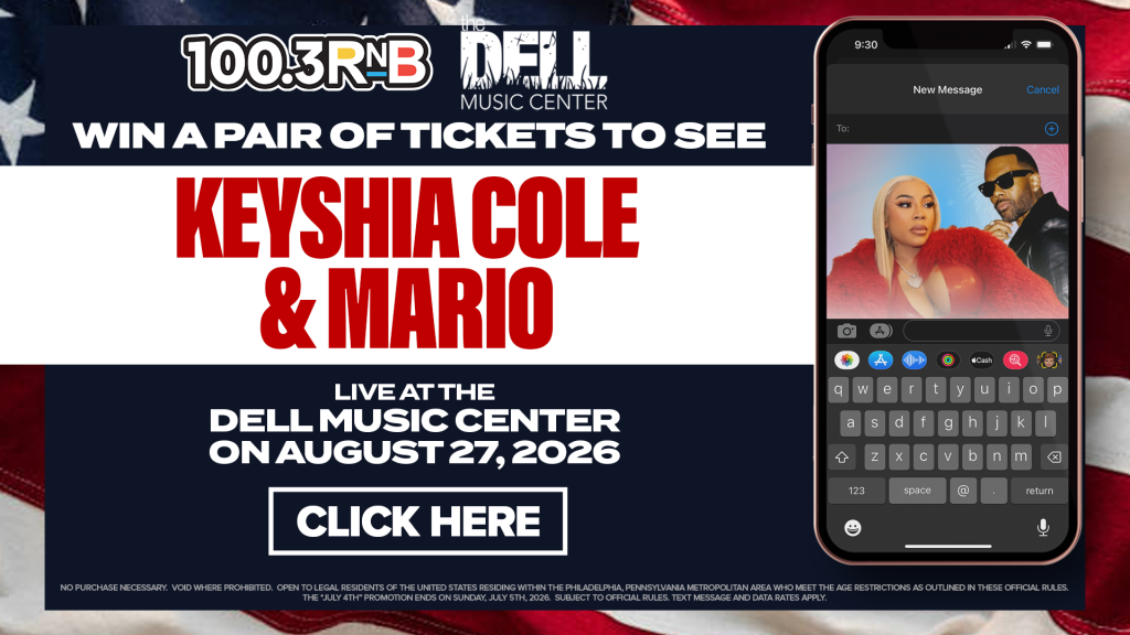 Promotional banner for a live performance by Keyshia Cole and Mario at the Dell Music Center on August 27, 2026, presented by 100.3 RNB radio station.