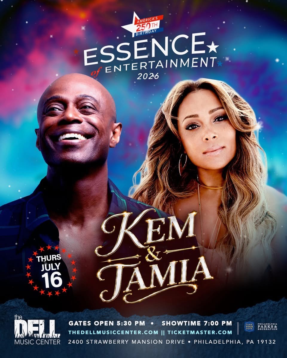 Two smiling entertainers, Kem and Tamia, featured on a concert poster for "Essence of Entertainment 2026" at The Dell Music Center in Philadelphia.