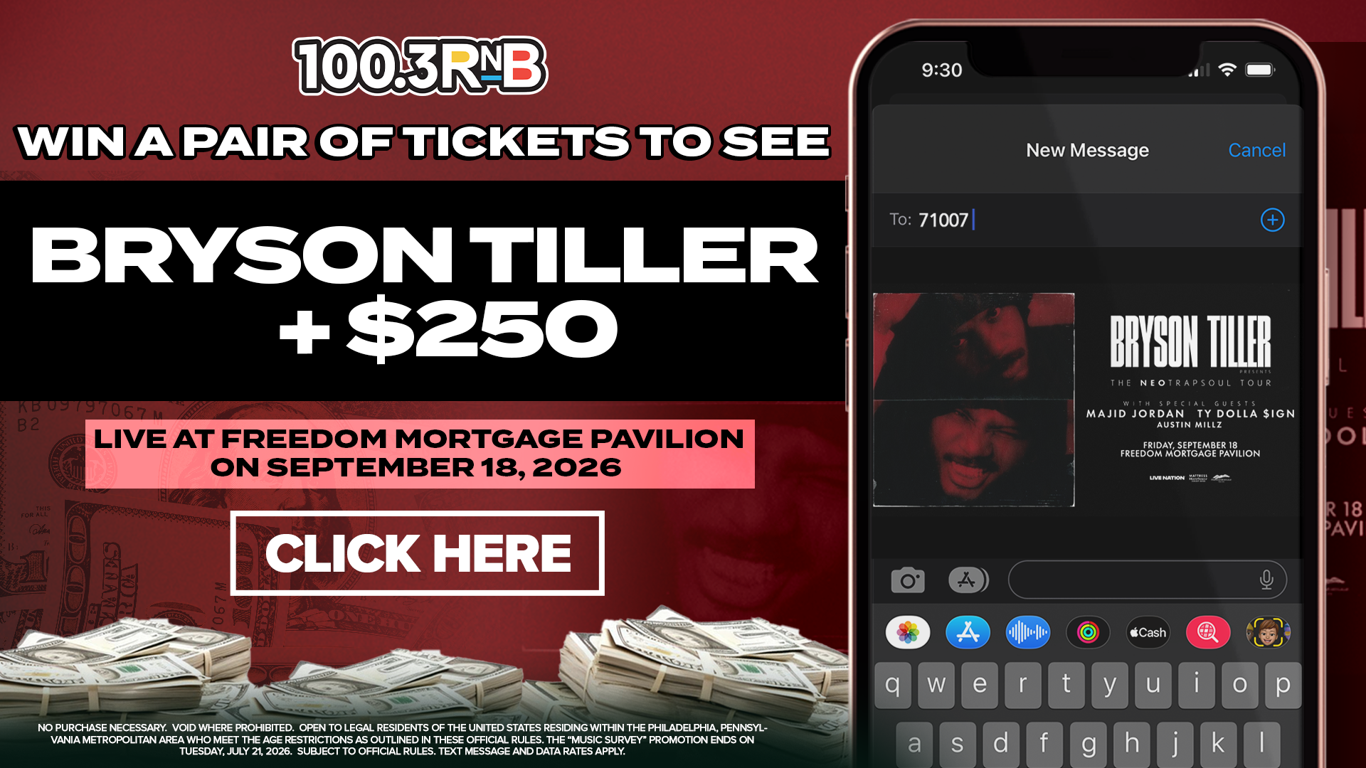 100.3 RNB radio station promotion for Bryson Tiller concert tickets at Freedom Mortgage Pavilion on September 18, 2026. Includes mobile phone interface with concert details.