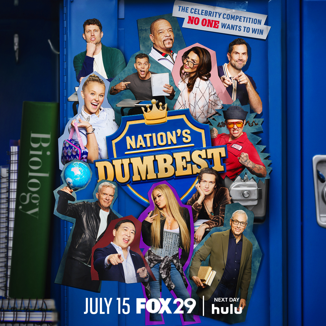 Poster for "Nation's Dumbest" TV competition featuring various celebrity personalities in comedic poses. Text includes "The Celebrity Competition No One Wants to Win" and air date on FOX29 and Hulu.