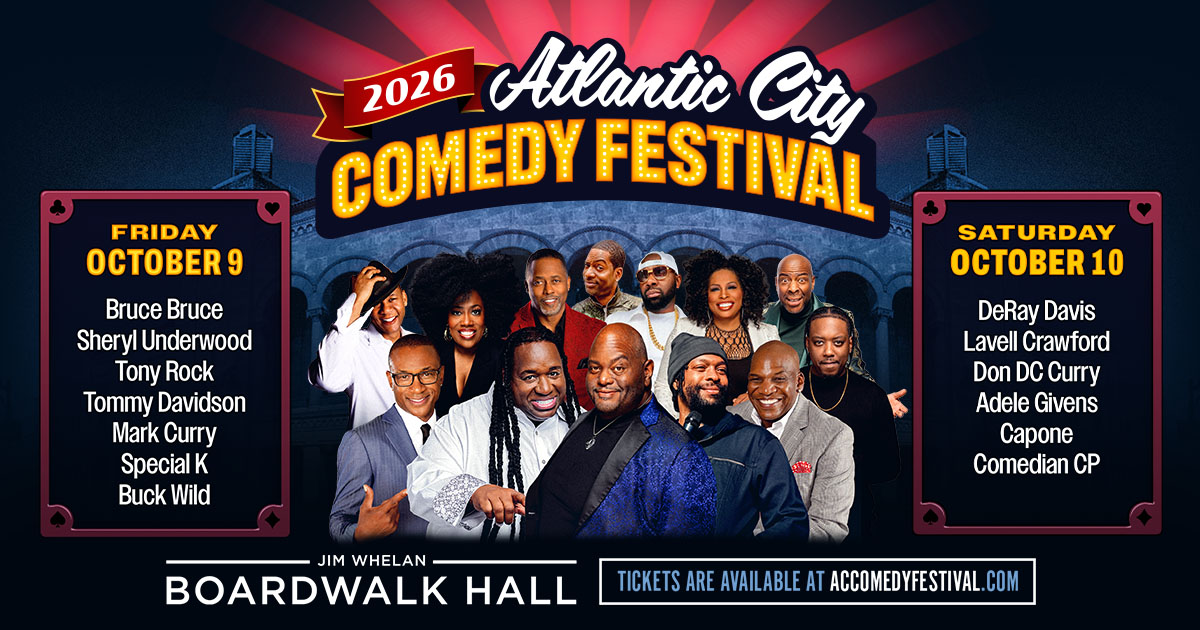 2026 Atlantic City Comedy Festival poster featuring a lineup of comedians performing on October 9 and 10 at Boardwalk Hall.