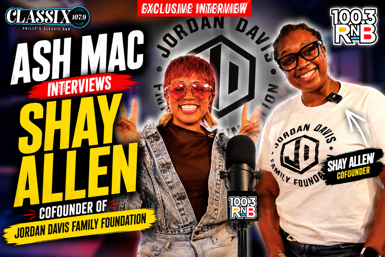 Two people being interviewed on a radio show, with the text "ASH MAC INTERVIEWS SHAY ALLEN, COFOUNDER OF JORDAN DAVIS FAMILY FOUNDATION" and "EXCLUSIVE INTERVIEW" visible.