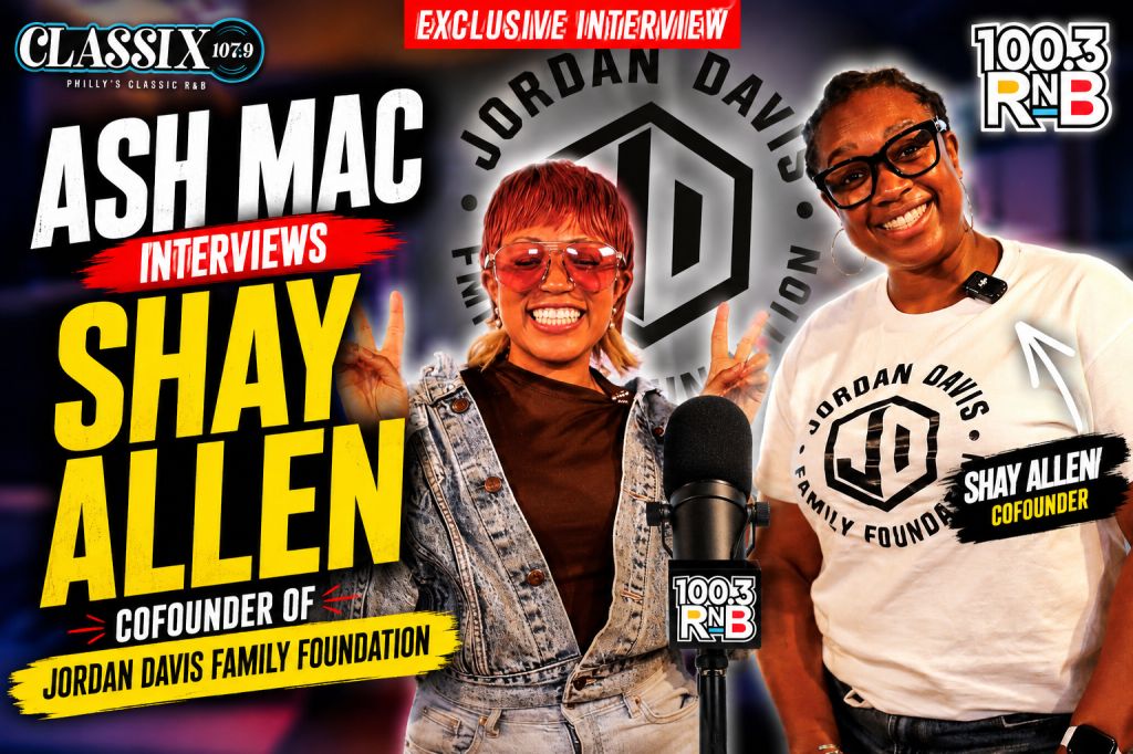 Two people being interviewed on a radio show, with the text "ASH MAC INTERVIEWS SHAY ALLEN, COFOUNDER OF JORDAN DAVIS FAMILY FOUNDATION" and "EXCLUSIVE INTERVIEW" visible.