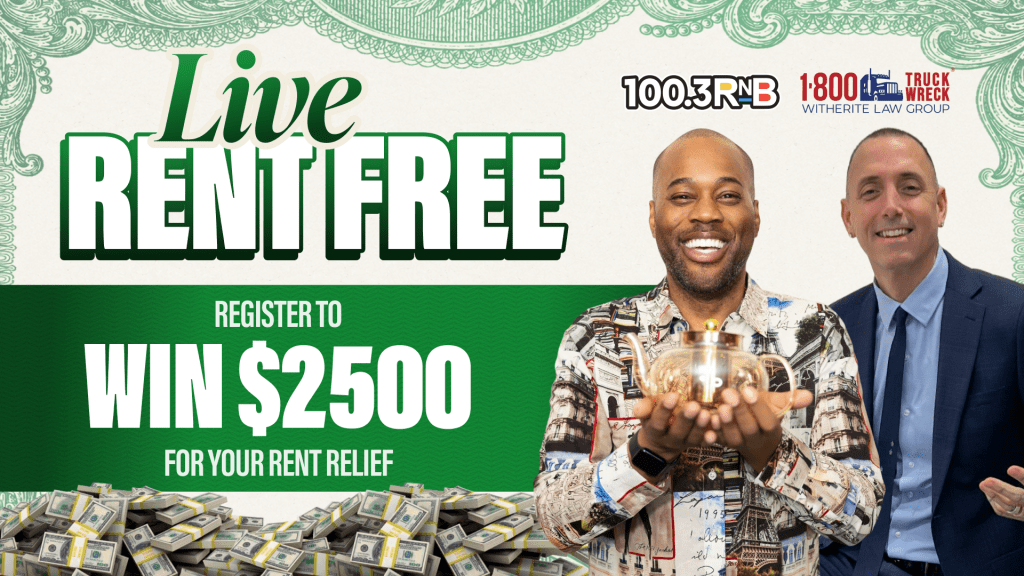 Live Rentfree promotion offering $2500 rent relief, featuring two smiling men and a background of cash and the 100.3 RNB radio station logo.