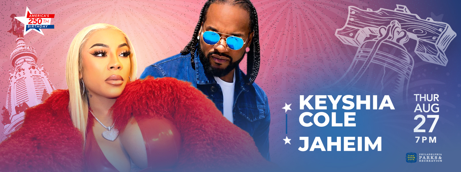 Two people posing for a concert or event poster, a woman with blonde hair wearing a red fur coat and a man with braids wearing sunglasses and a denim jacket. Text on the image reads "KEYSHIA COLE JAHEIM THUR AUG 27 7PM".