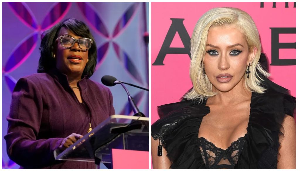 Two images: a woman in a purple dress speaking at a podium, and a woman with blonde hair in a black outfit posing on a pink background.