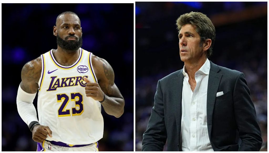 Two basketball figures: a player wearing a Lakers jersey with the number 23, and a coach in a suit standing on a basketball court.