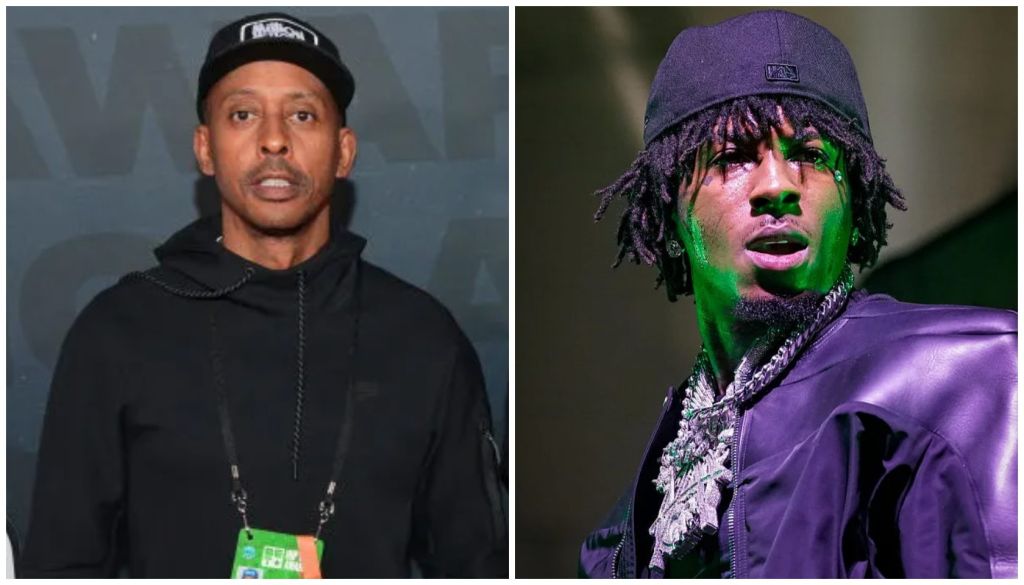 Two portraits of Black men, one wearing a black hoodie and baseball cap, the other wearing a purple hat and jacket with a necklace.