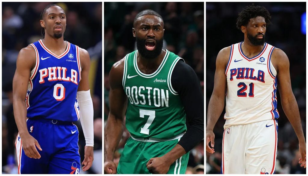 Three basketball players wearing Philadelphia 76ers and Boston Celtics jerseys, with visible team logos and jersey numbers.