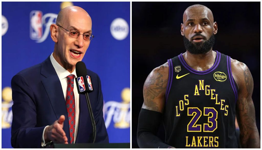 Adam Silver, commissioner of the NBA, speaking at a podium. LeBron James, wearing a Los Angeles Lakers jersey with the number 23, standing on a basketball court.