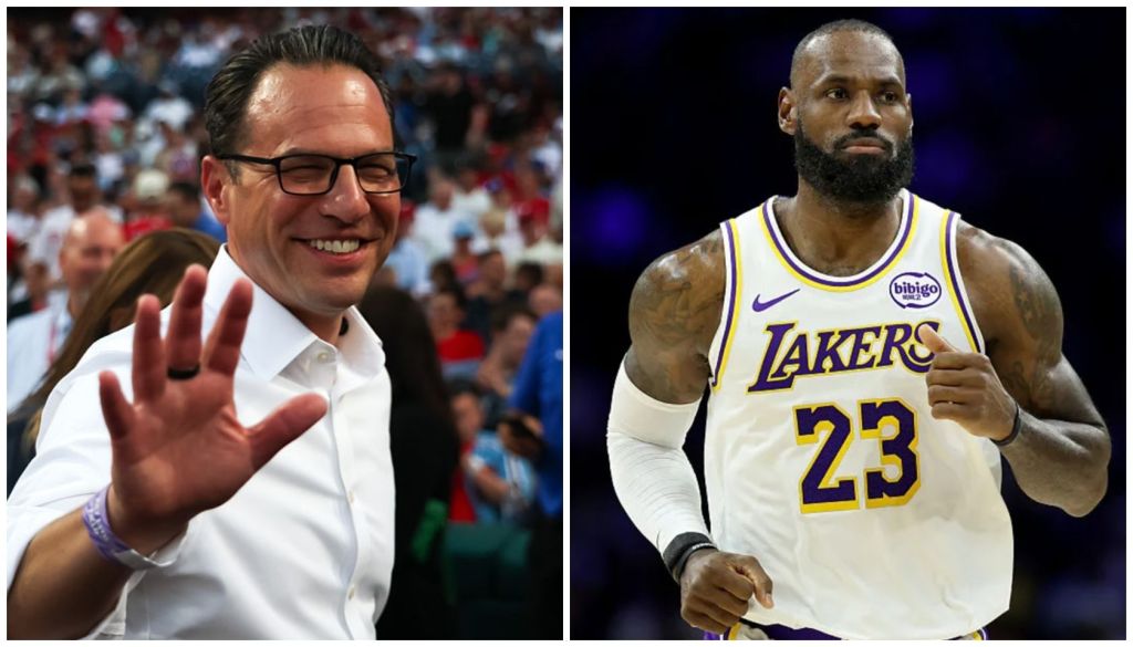 A smiling man in a white shirt gesturing with his hand, and a basketball player wearing a Lakers jersey with the number 23.