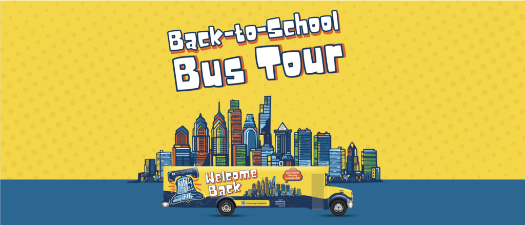 A colorful illustration of a school bus with a "Back-to-School Bus Tour" banner, passing by a cityscape skyline.