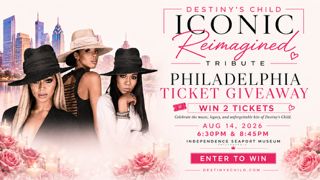Destiny's Child tribute concert poster featuring the group's iconic members, with the text "ICONIC Reimagined" and "Philadelphia Ticket Giveaway".